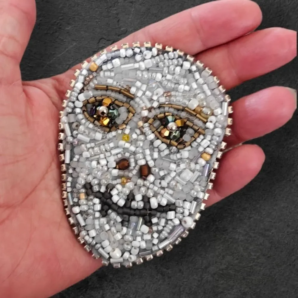 Unique Murka Handcrafted Beaded Skull Face Brooch Cream White and Gold